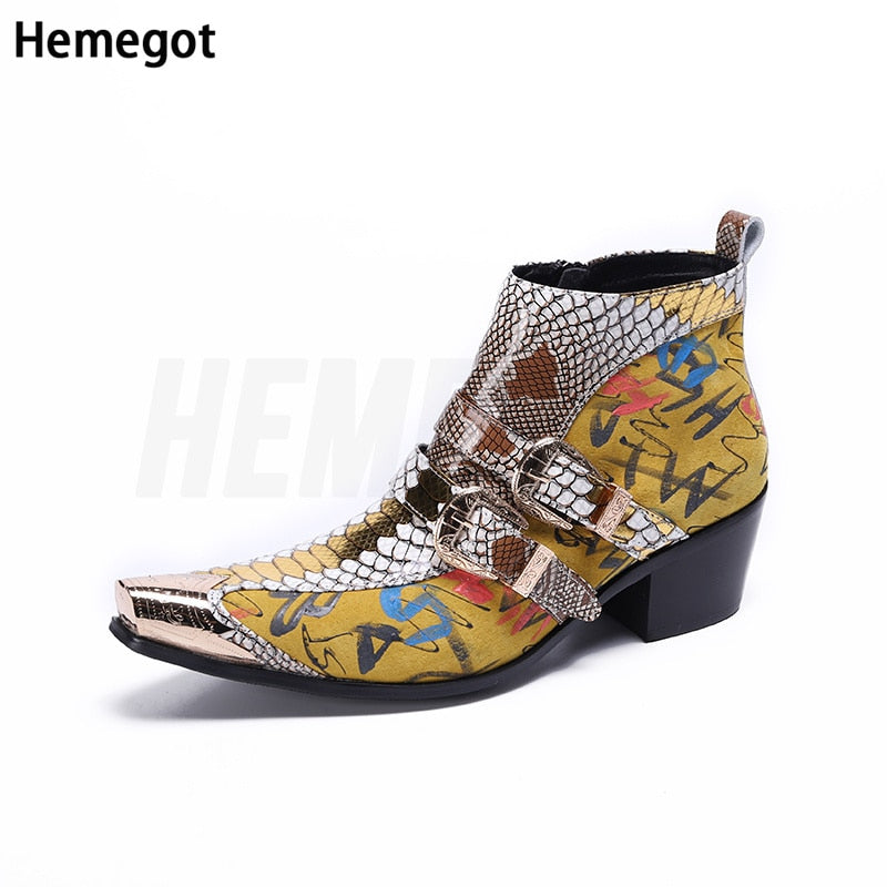 Pointed Toe Golden Snake Pattern Boots Men's Boots Trendy High-Heeled Men's Banquet Leisurely Leather Boots Euro Size 37-48