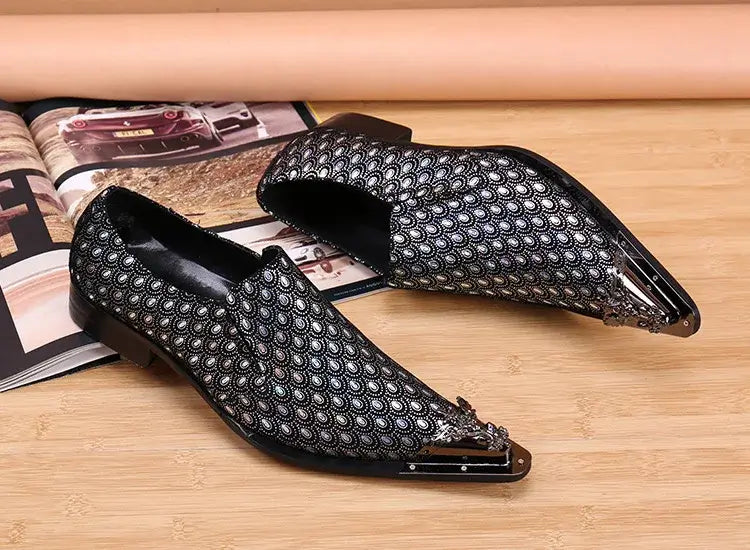 2024 Western Mode Spitz Zehen Metall Abendkleid Schuhe Blau Grau Party Hochzeit Lederschuhe für Herren
