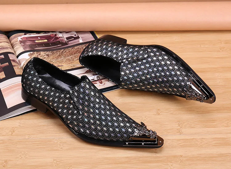 2025 Western Fashion Pointed Metal Toe Dress Shoes Blue Grey Party Wedding Leather Shoes for Men