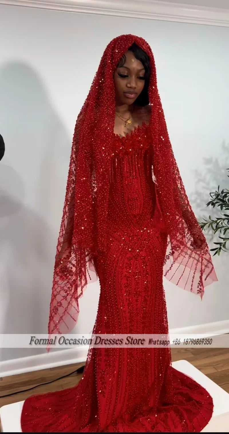 Luxury Red Prom Dresses With Veil 2026 Sequin Beading Black Girls Evening Dress 2025 Sleeveless Birthday Party Gowns Customized