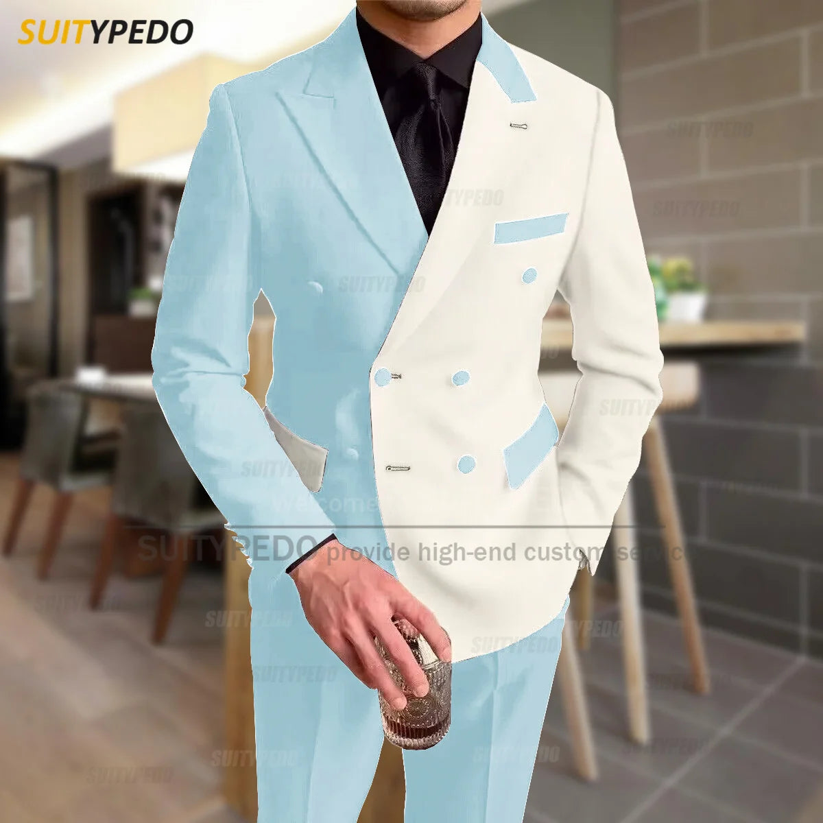Fashion Black Ivory Splicing Men Suit Casual Party Classic Double Breasted Jacket Evening Dinner Elegant Blazer Pants Outfits