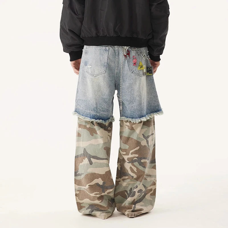 PFNW Niche Design Men's Jeans Washed Distressed Colorblock Splic Fake Two Piece Loose Straight Trousers Wide Leg Pants 28W5474