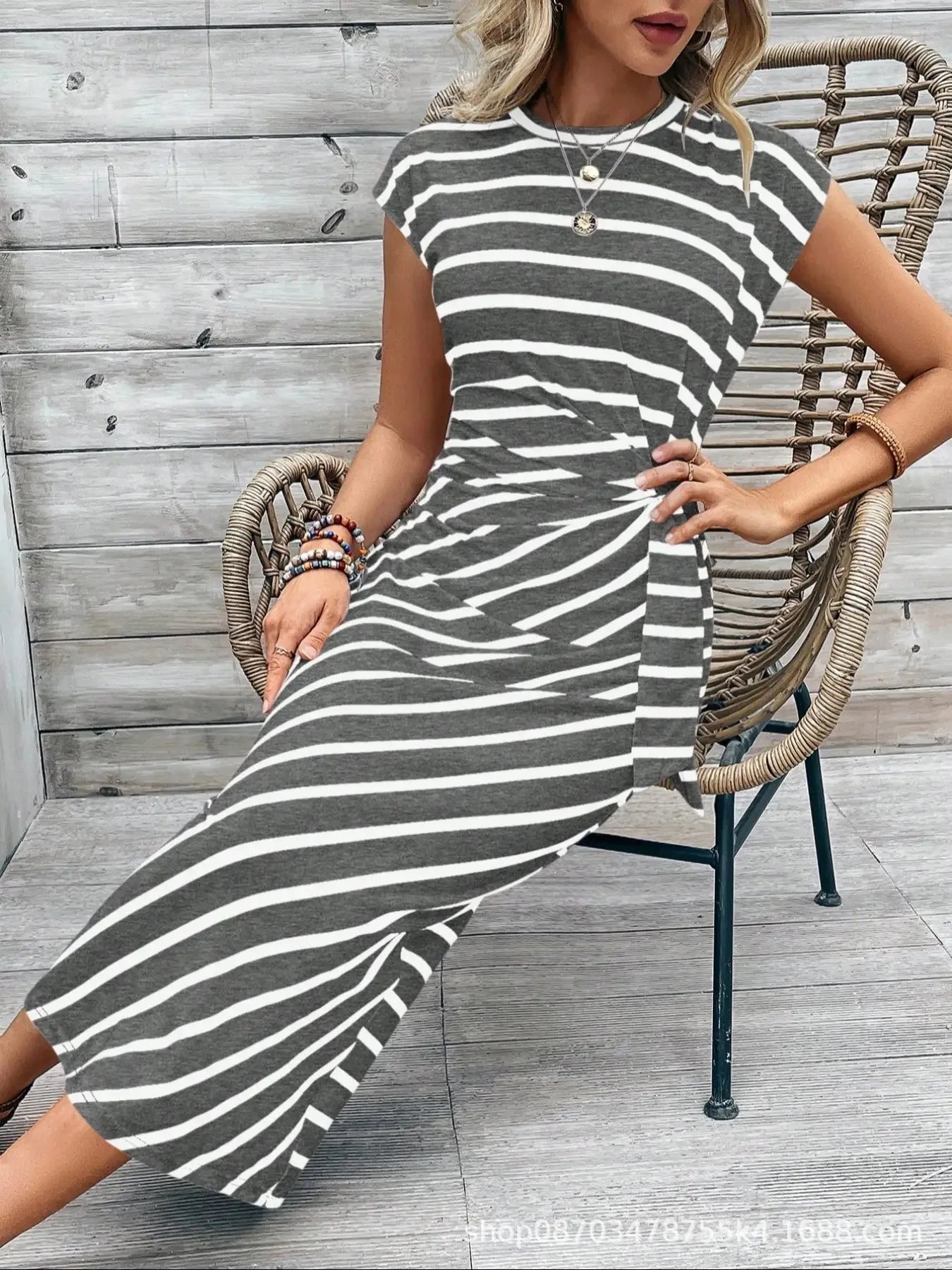 Elegant And Elegant Waist Lace Up Striped Round Neck Short Sleeve Long Dress Summer Party Bodycon Women's Dresses
