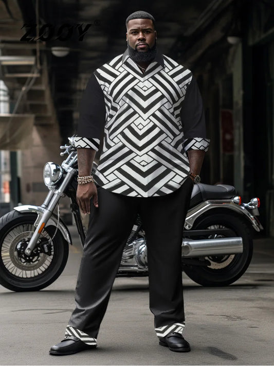 ZOOY (L-9XL) Plus Size Men's Retro Biker Ethnic Style Denim Style Totem Casual Long Sleeve Shirt Long Pants Set