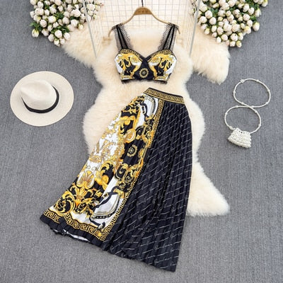 Gold 2023 Summer Fashion Designs Skirts Sets Women Outfits Indie Folk Print Sexy Two Pieces Lace Cropped Top Pleated Skirt Suit