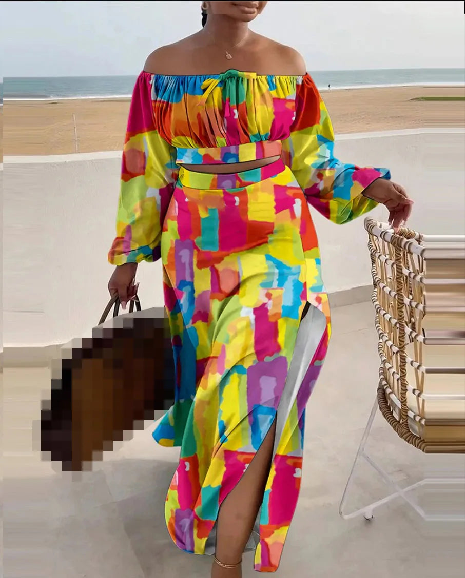 Casual Off Shoulder Suit Sexy Split Printing Loose Long Skirt Two Piece Set For Women Vacation Summer Outfits Vestido Feminino