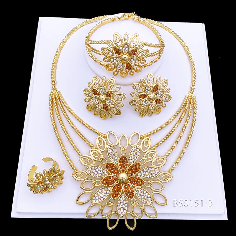 Dubai 18K Gold Plated Jewelry Set Vintage Women Necklaces Earrings Rings Bracelet Full Jewelry Luxury Wedding Party Accessories