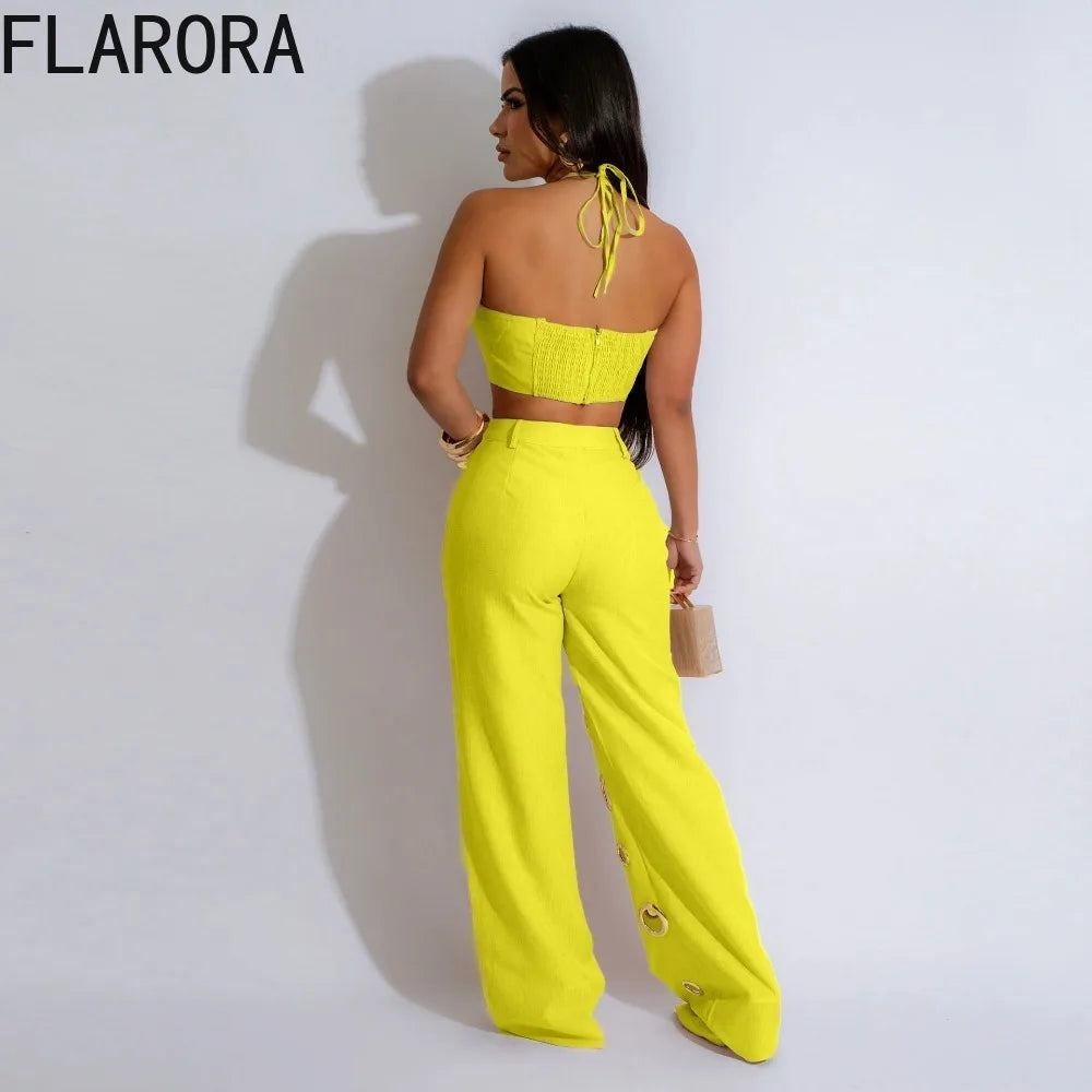 FLARORA Y2k Hole Sequined Wide Leg Pants Streetwear Sexy Solid Halter Sleeveless Backless Tops And Pants Women's Two Pieces Set