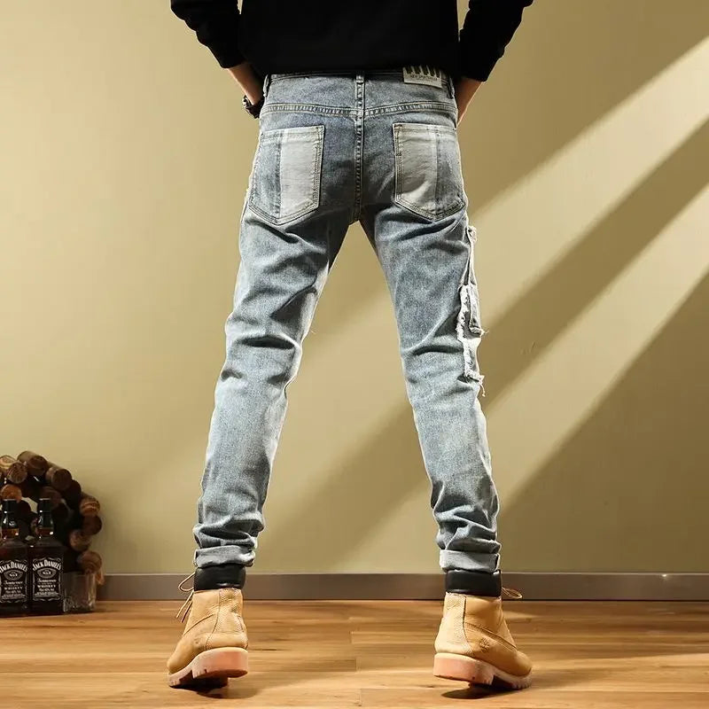 Male Cowboy Pants Tight Pipe Trousers Slim Fit Elastic Jeans for Men Patch Stretch Skinny Loose Korean Style Fashion Retro Cheap