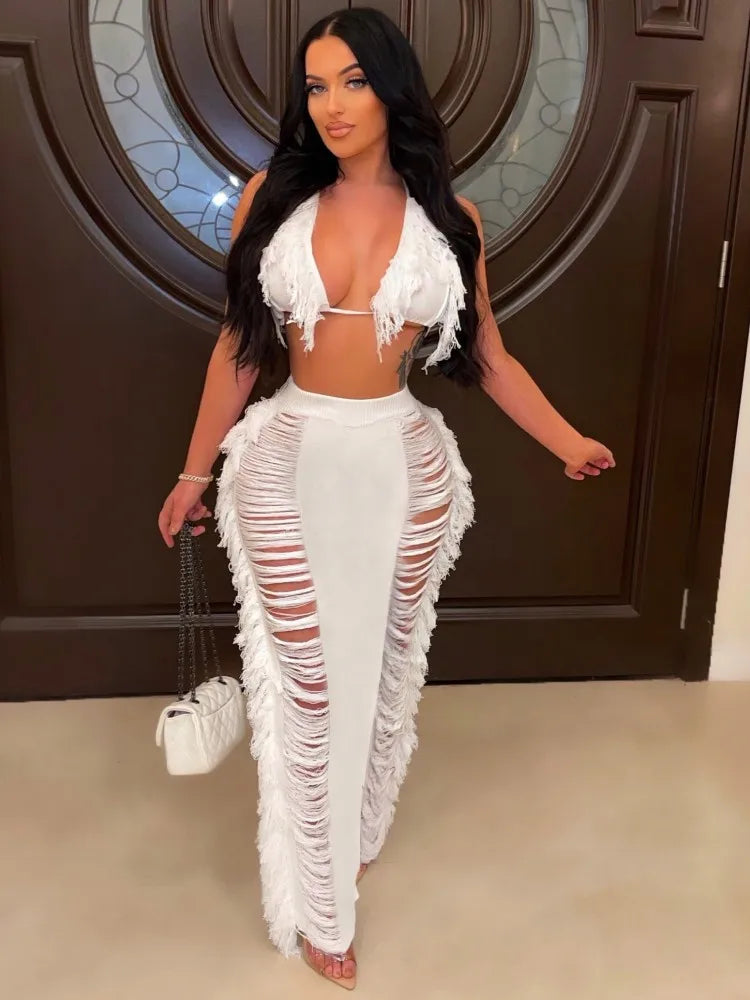 JRRY Sexy Women Knitted Set Halter Backless Crop Top Tassel Skirt Crochet Two Pieces Set Hollow Out Crocheted Beach Dress Set