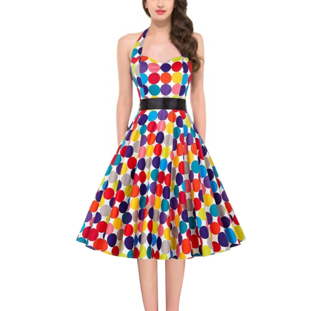 Vintage Polka Dot A-Line Dress Summer Women Sexy Halter Backless Low Cut Party Dress 50s 60s Retro Pin Up Rockabilly Swing Dress