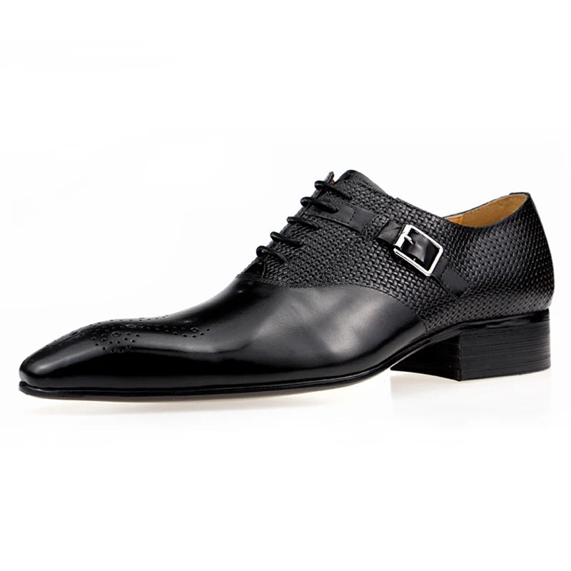Mens Formal Genuine Leather Shoes Fashion Zapato Social Male Wedding Dress Loafer Weave Printing Lace-up Daily Brogue Shoes