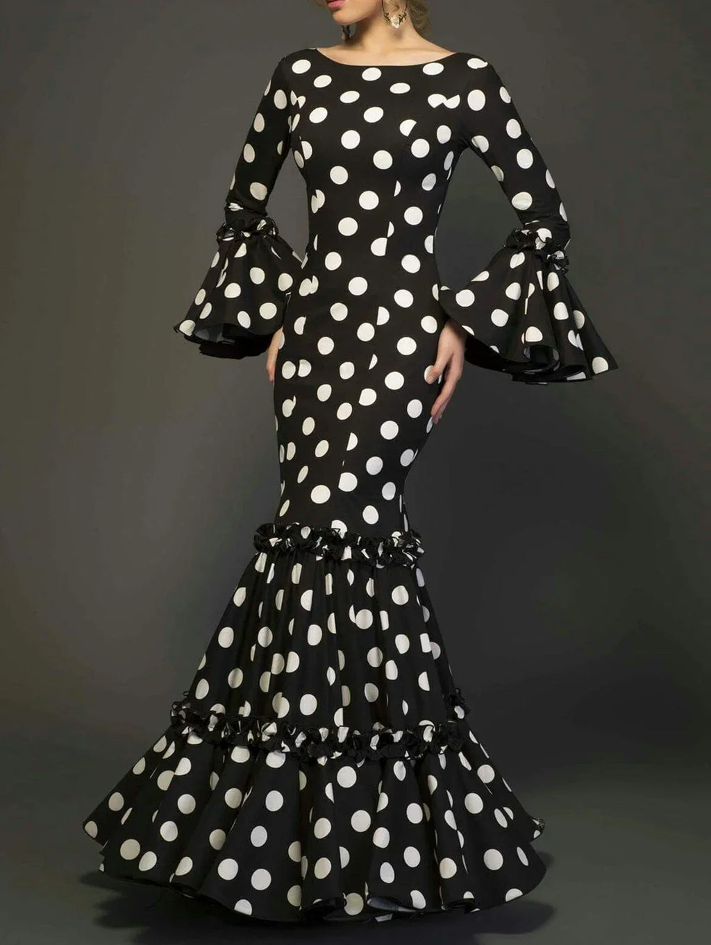 Elegant Party Long Dress Women Polka Dot Printed Ruffle Hem Sundress 2025 Bohemian Casual O-neck Flare Sleeve Slim Maxi Robe