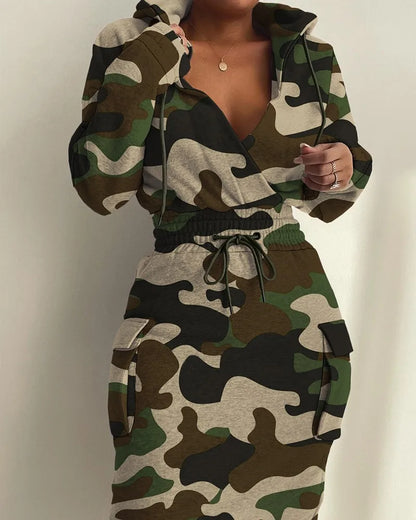 Womens Dresses  Spring Fashion Camouflage Print Waist Drawstring Pocket Design Long Sleeved Casual Daily Midi Dress