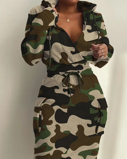 Womens Dresses 2024 Spring Fashion Camouflage Print Waist Drawstring Pocket Design Long Sleeved Casual Daily Midi Dress