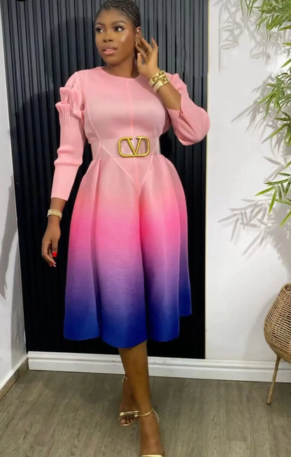 Miyake Pleated Gradual Maxi Dress O-Neck Full Sleeve Loose High Strecth Lantern Dresses for Women  Summer New