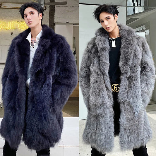 Winter Men Lapel Faux Fox Fur Coat Jacket Thick Long Sleeve Warm Luxury Fur Black Parkas Bontjas Mens Furry Shaggy Outerwear