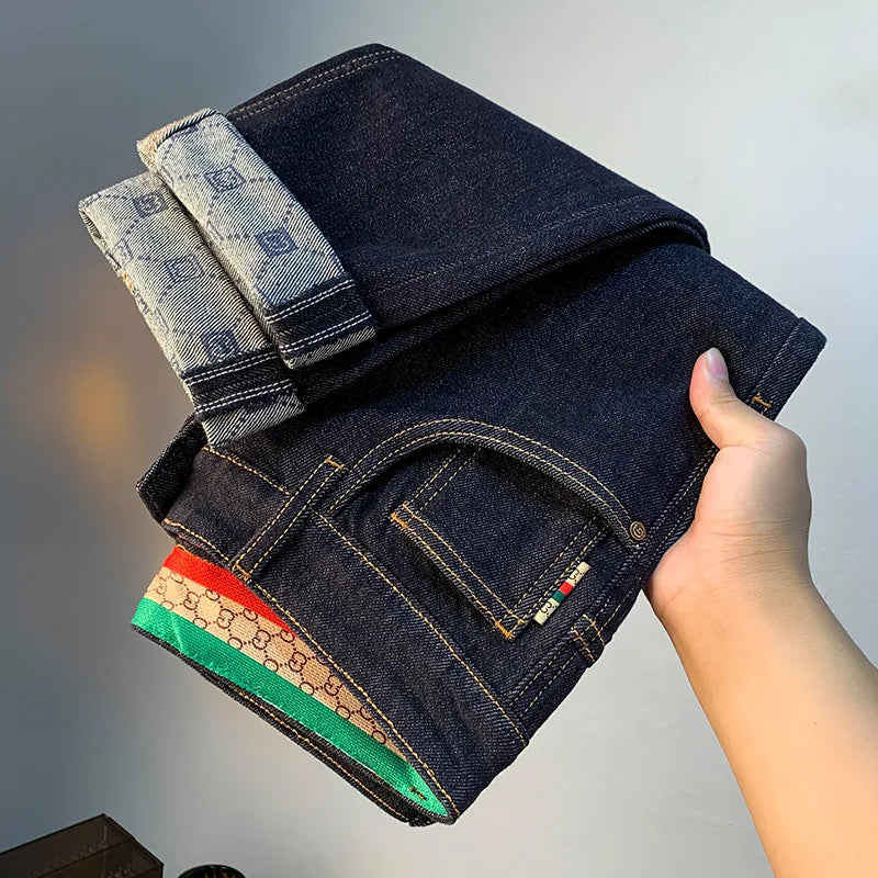 High end light luxury men jeans autumn new item dark blue fashion printed casual straight slim fit cotton washed denim pants