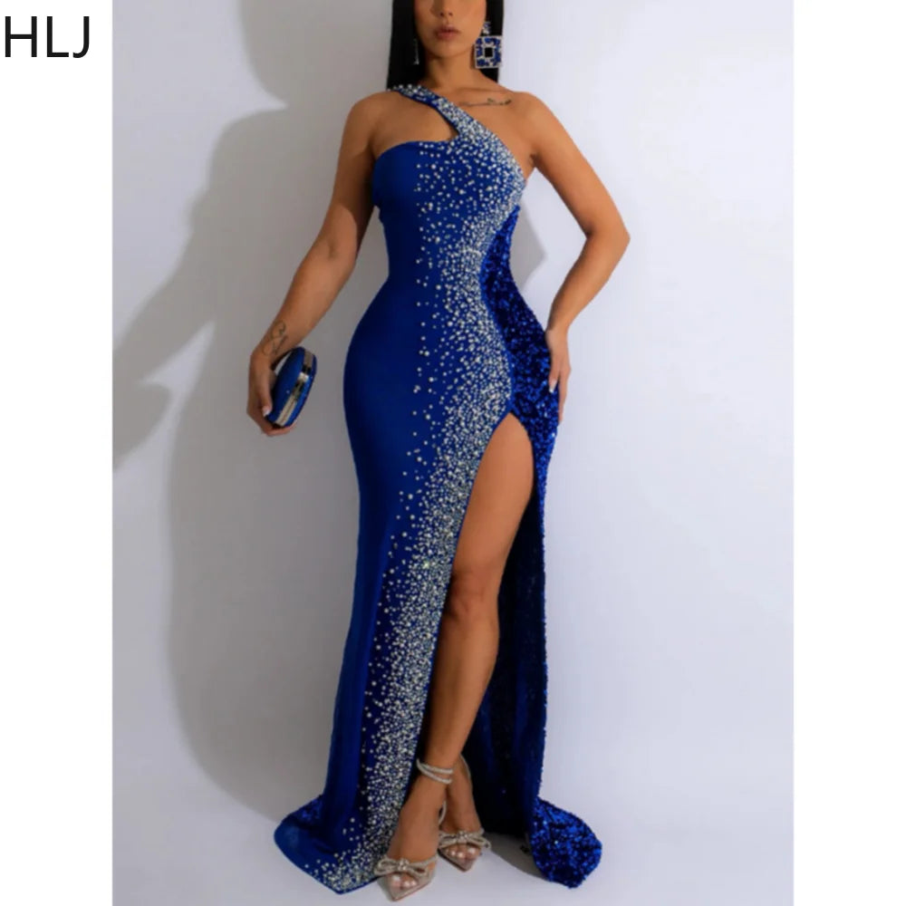 HLJ Black Fashion Diamonds Rhinestone Party Birthday Dresses Women One Shoulder High Slit Floor Dress Female Bodycon Vestidos