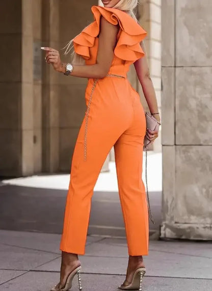 Fashion Elegant office Long Jumpsuit  for Woman  Summer New Solid Color Sleeveless Ruffle Hem One Shoulder Jumpsuit