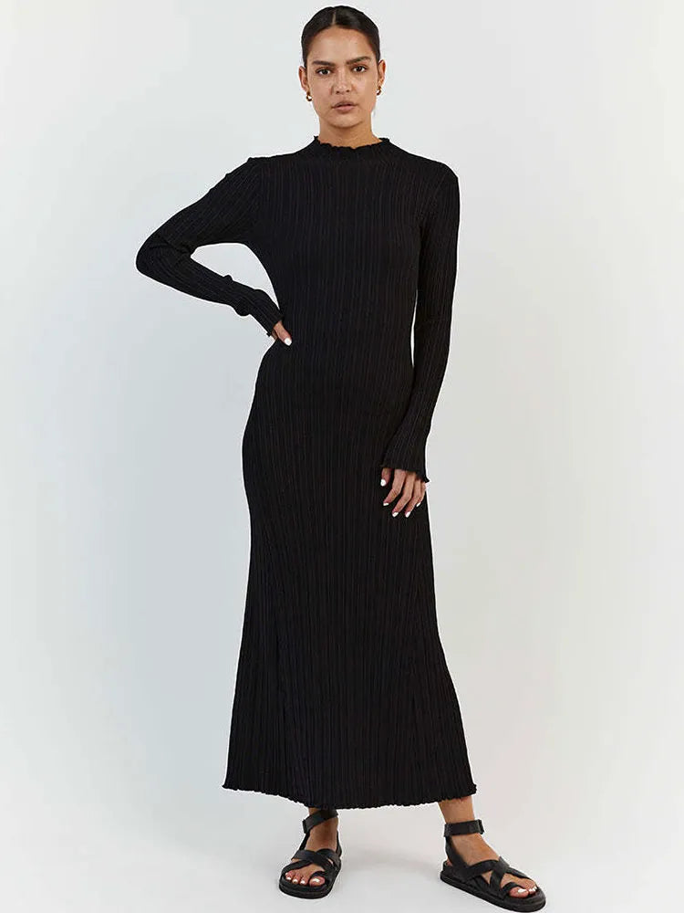 GACVGA  Autumn Winter Knitted Maxi Dress Elegant Women Long Sleeve Slim Pleated Robe Club Party Bodycon Long Dress Vestidos