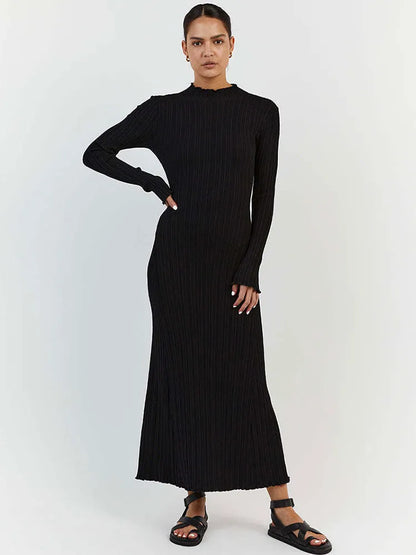 GACVGA  Autumn Winter Knitted Maxi Dress Elegant Women Long Sleeve Slim Pleated Robe Club Party Bodycon Long Dress Vestidos