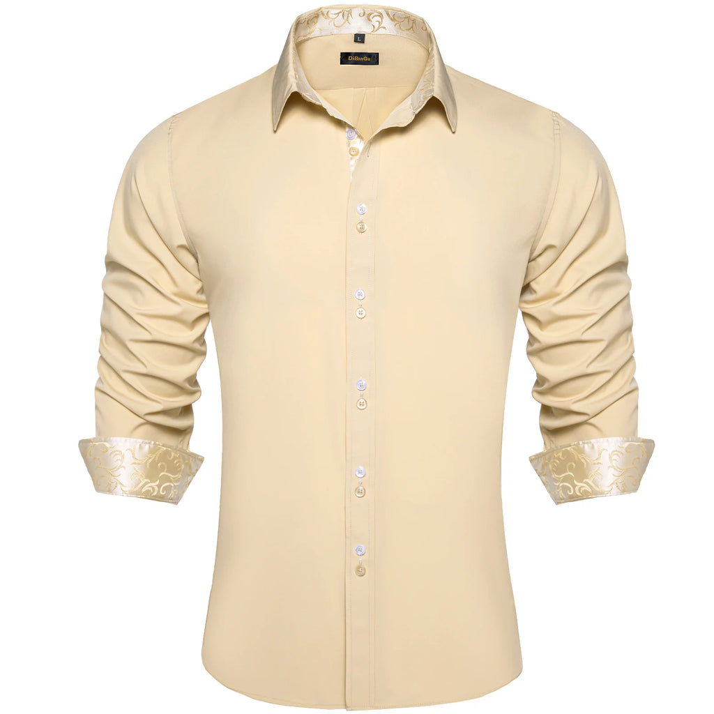 Men's Casual Long Sleeve Shirt with Inner Paisley Contrast Pattern Elegant Turn Down Collar Dress Shirt for Business Date Tops
