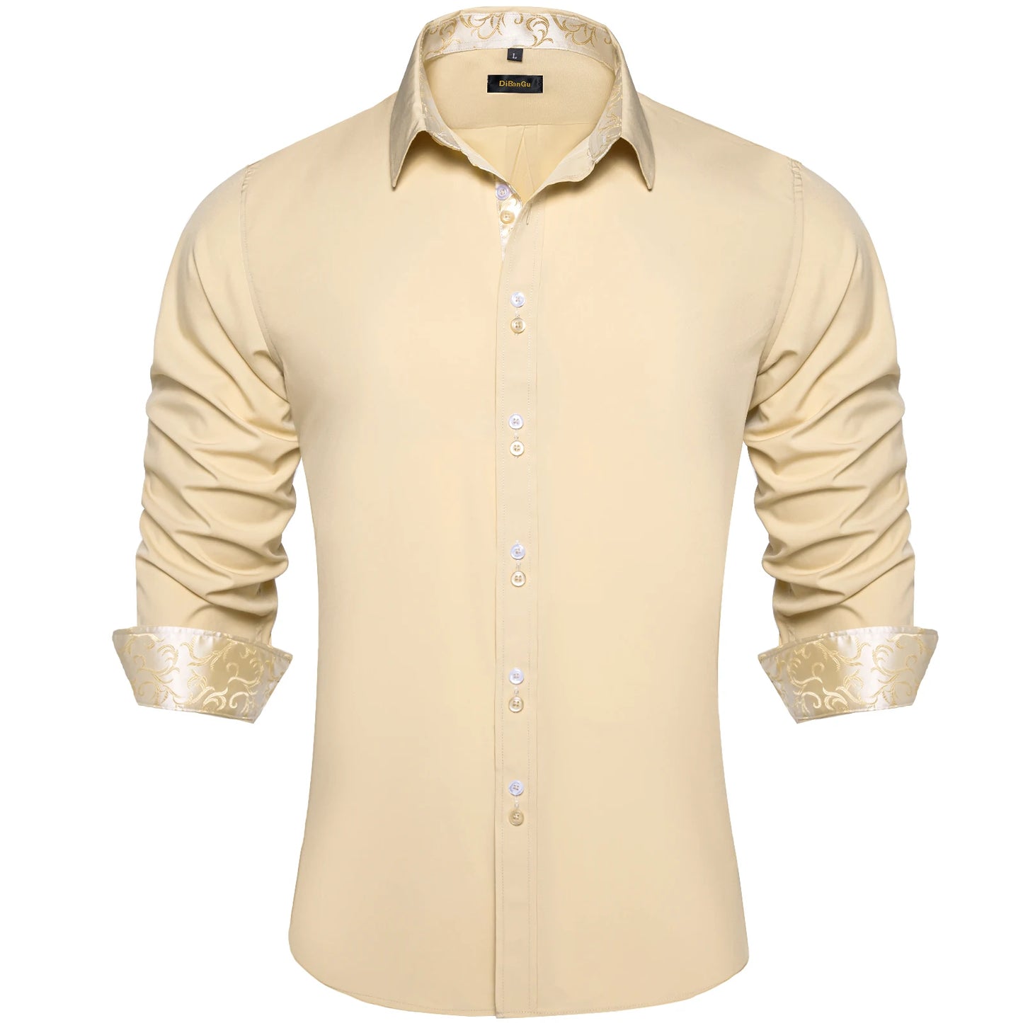 Men's Casual Long Sleeve Shirt with Inner Paisley Contrast Pattern Elegant Turn Down Collar Dress Shirt for Business Date Tops