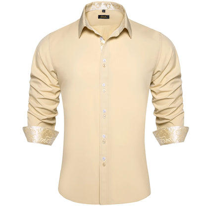 Men's Casual Long Sleeve Shirt with Inner Paisley Contrast Pattern Elegant Turn Down Collar Dress Shirt for Business Date Tops