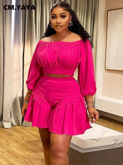 CM.YAYA Plus Size Women's Set Long Sleeve Slash Neck T-Shirt and Shorts  Summer Ruched Two 2 Piece Set Outfits Tracksuit
