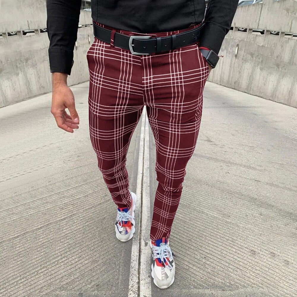 Summer Men&#39;s Casual Pants Plaid Social Stretch Trousers Mid Waist Skinny Business Office Working Party Male Suit Pants Autumn