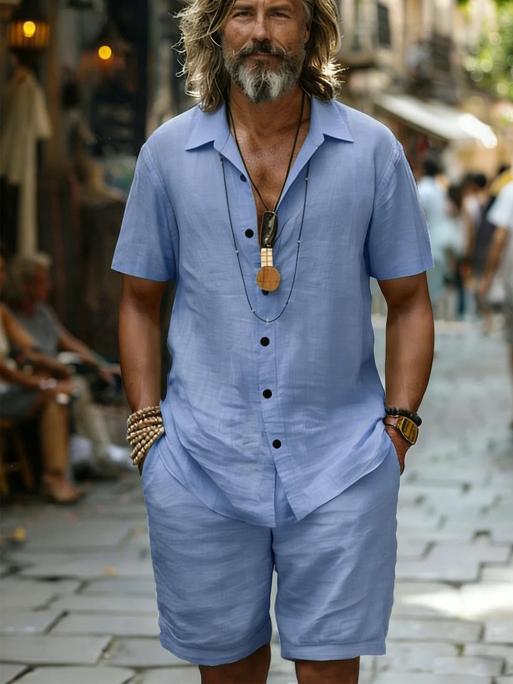 Men's Cotton100 Shirt & Shorts Set Short Sleeve Light Blue Loose Fit Casual Summer Beach Vacation Daily Two-Piece Outfit