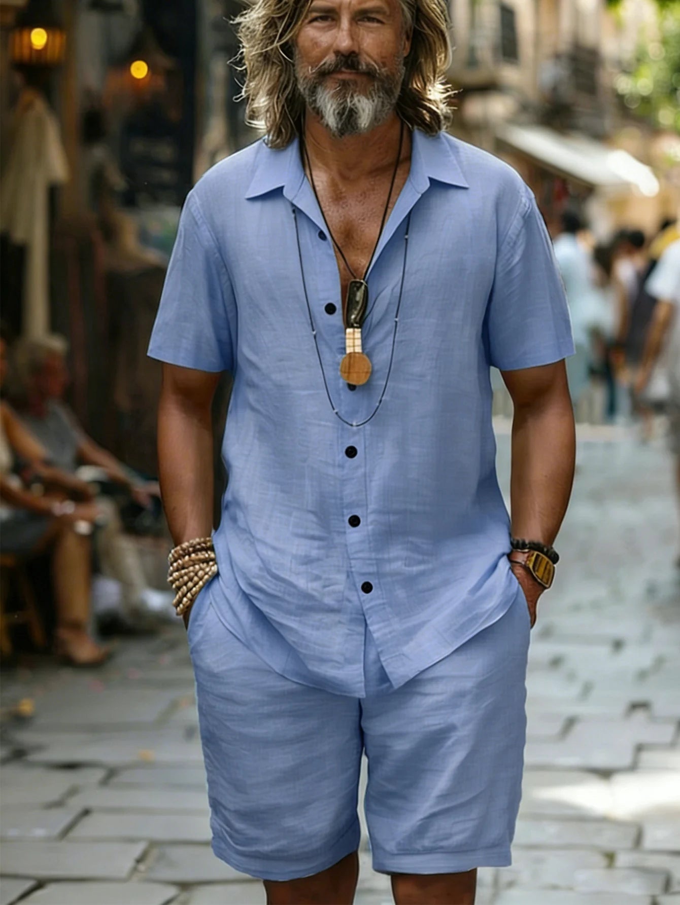 Men's Cotton100 Shirt & Shorts Set Short Sleeve Light Blue Loose Fit Casual Summer Beach Vacation Daily Two-Piece Outfit