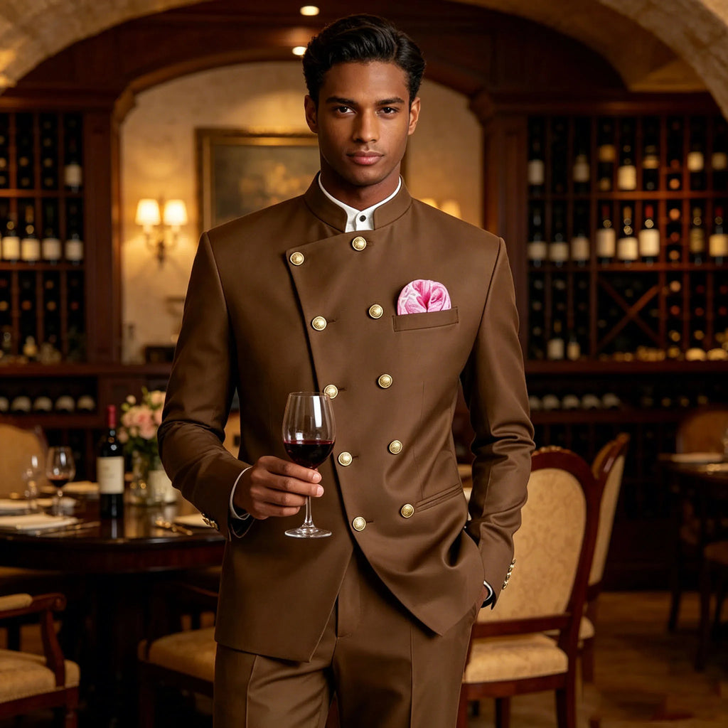 Men's Style Suit 2 Piece Brown Mandarin Collar Double Breasted With Gold Buttons