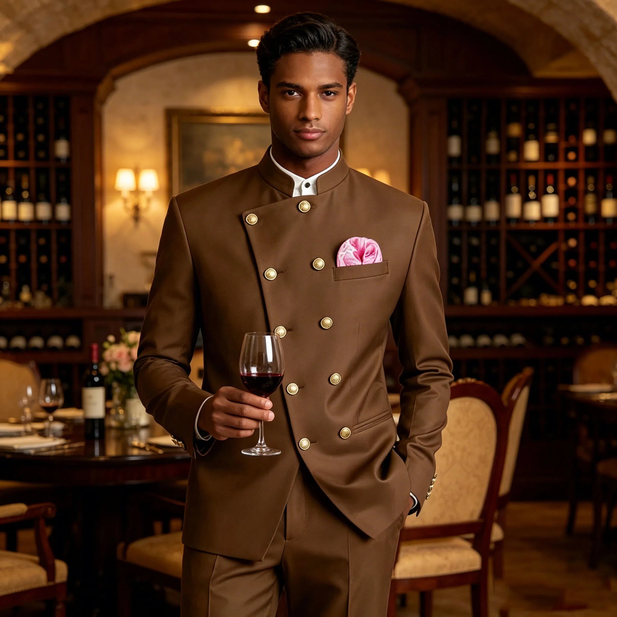 Men's Style Suit 2 Piece Brown Mandarin Collar Double Breasted With Gold Buttons