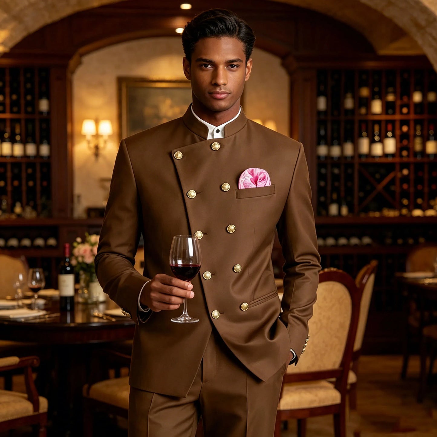Men's Business Casual Suit 2 Piece Brown Mandarin Collar Double Breasted With Gold Buttons