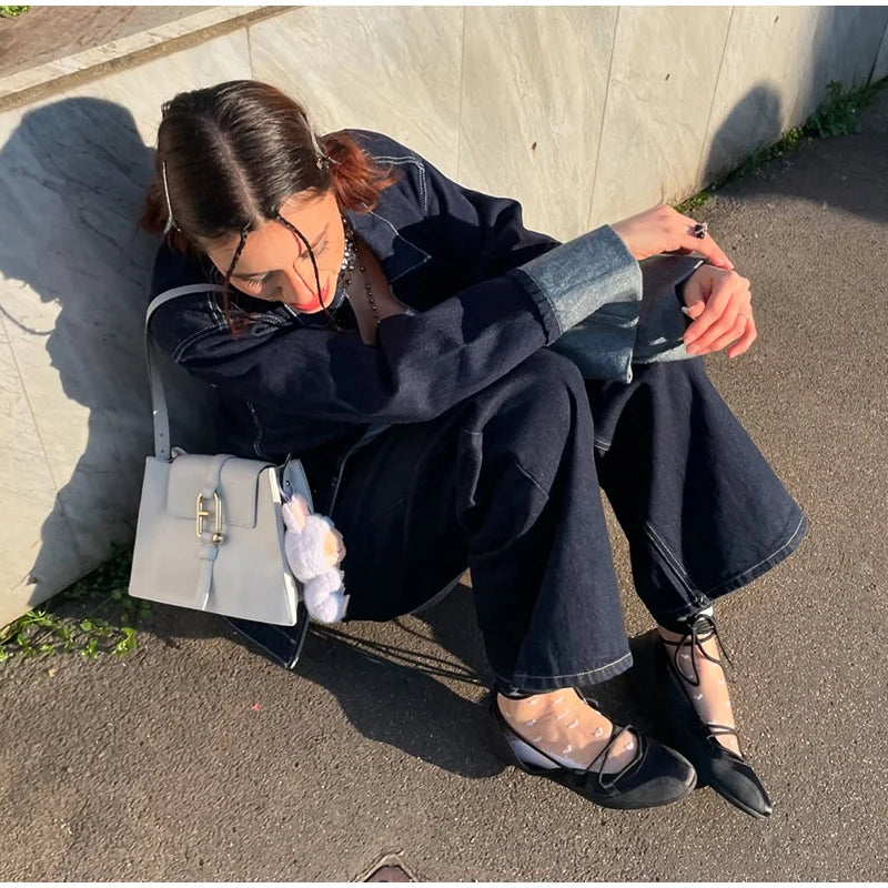 Fashion Denim Jacket Set Women Lapel Single Breasted Long Sleeve Coat Straight Jeans Pants 2025 Spring Lady  High Street Outfits