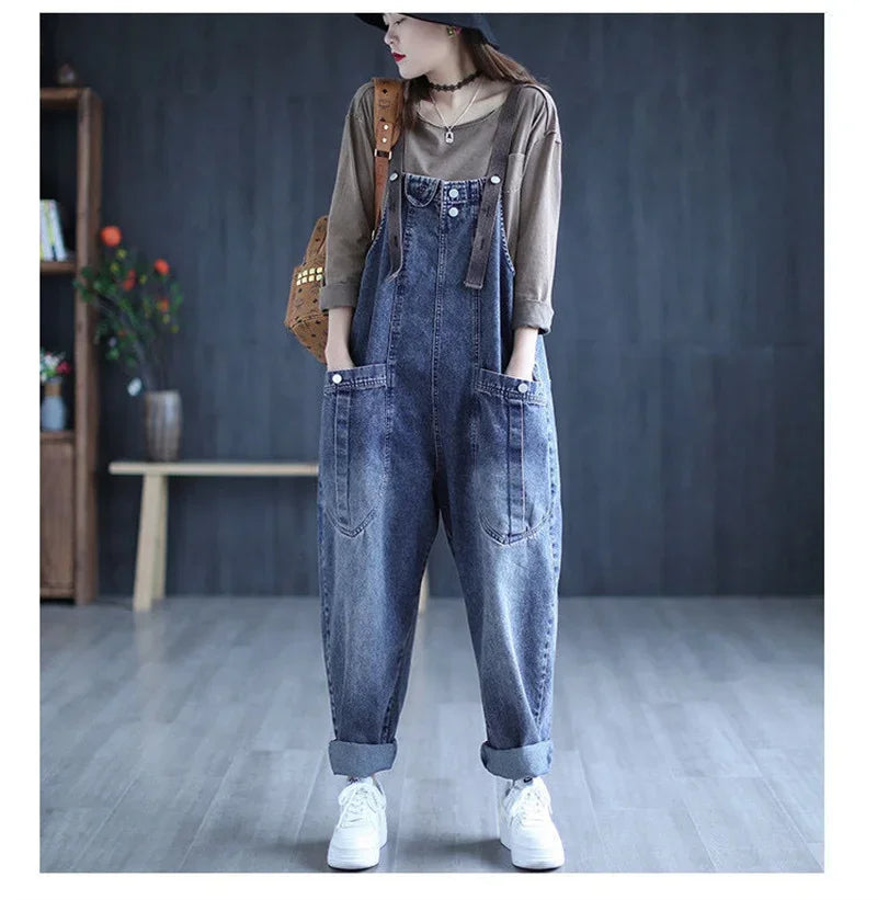 Jumpsuit Women Jeans Rompers New Retro Big Pocket Loose Denim Overalls Fashion Large Size Wide-leg Pants Drop Shipping