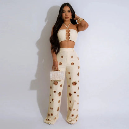 FLARORA Y2k Hole Sequined Wide Leg Pants Streetwear Sexy Solid Halter Sleeveless Backless Tops And Pants Women's Two Pieces Set
