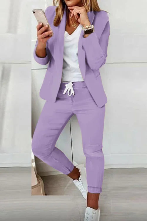 Women's Monochrome Casual Business Suit Temperament Commuting Pants Drawstring Elastic Waist Fashion Slit Suit Two-piece Set
