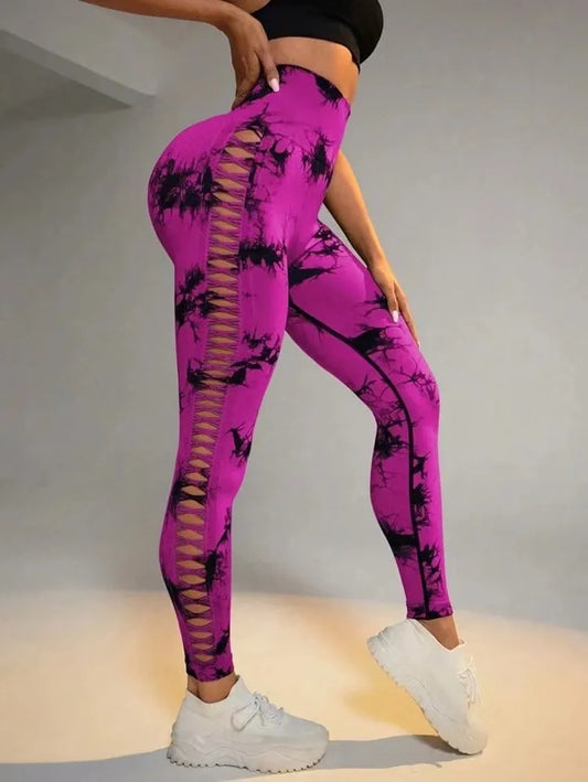 Women Tie Dye Hollow Out Leggings Sports Yoga Pants Fitness Sportswear Sexy High Waist Push Up Gym Tights Running Leggings