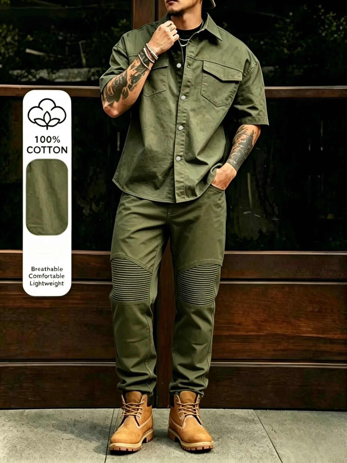 Men's Casual Workwear 100% Cotton Multi-Pocket Short-Sleeved Shirt Pants Set Male Cargo Overalls Streetwear Short Sleeve Button