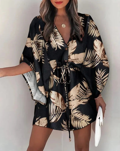 Summer Dress For Women  New Floral Print Bat Half-Sleeve V-Neck Ruffle Irregular Hem Female Dress Casual Boho Women Clothes