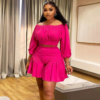 CM.YAYA Plus Size Women's Set Long Sleeve Slash Neck T-Shirt and Shorts  Summer Ruched Two 2 Piece Set Outfits Tracksuit