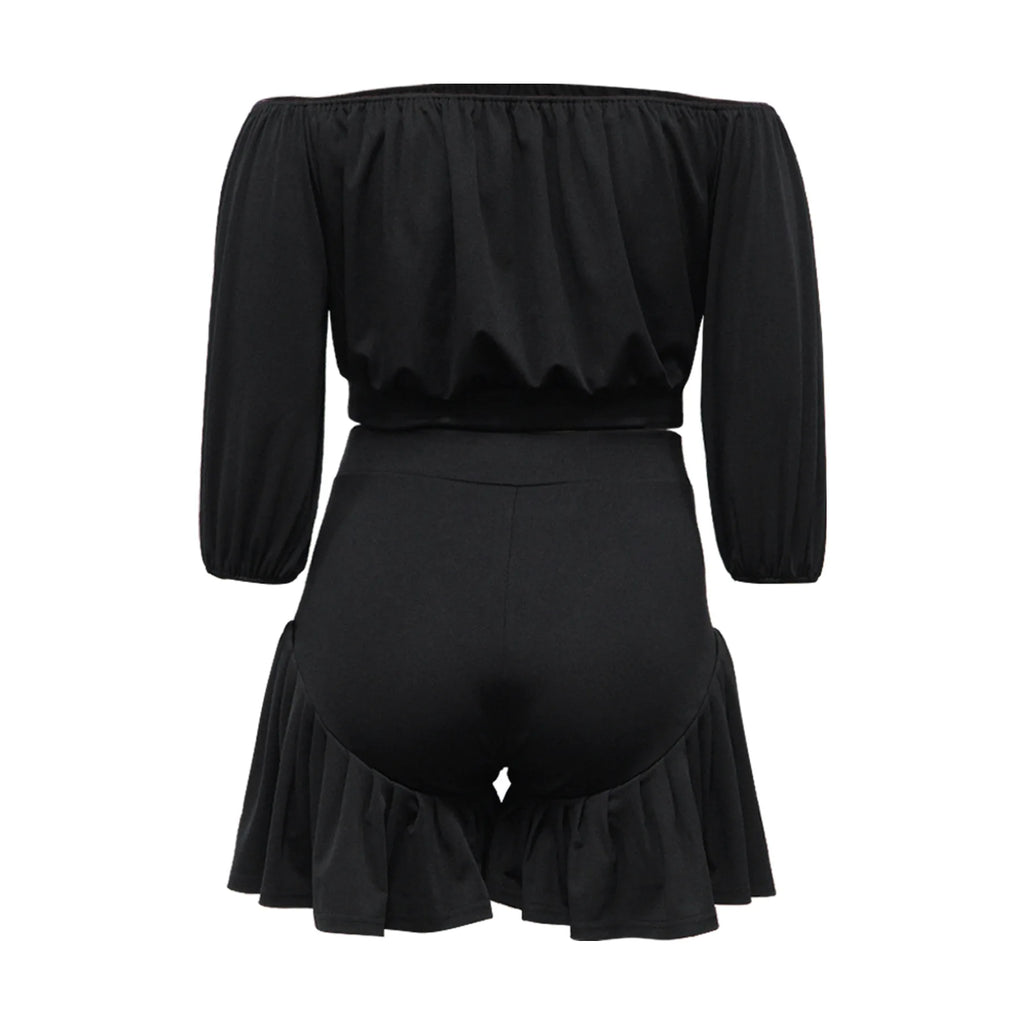CM.YAYA Plus Size Women's Set Long Sleeve Slash Neck T-Shirt and Shorts  Summer Ruched Two 2 Piece Set Outfits Tracksuit