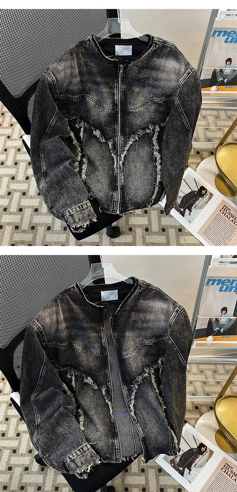 Men's Fringed Denim Set 2026 Spring New American Retro Washed Shoulder Padded Zipper Jacket Splicing Jeans Two Pieces Sets