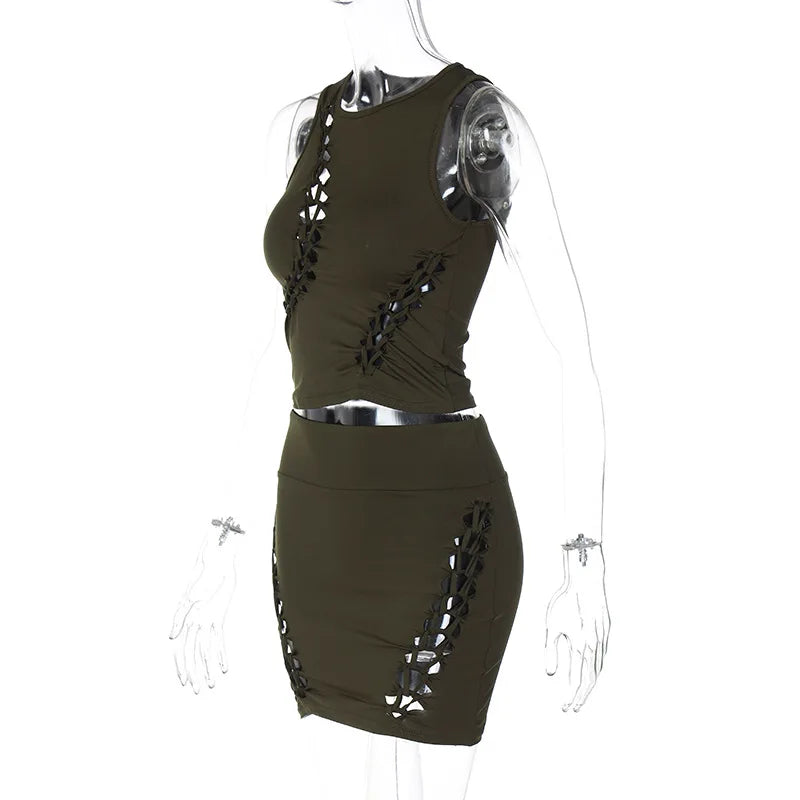 Dulzura Women  Autumn Tank Tops Mini Skirts Party Club Streetwear Two Piece Matching Sets Wholesale Items For Business S3211