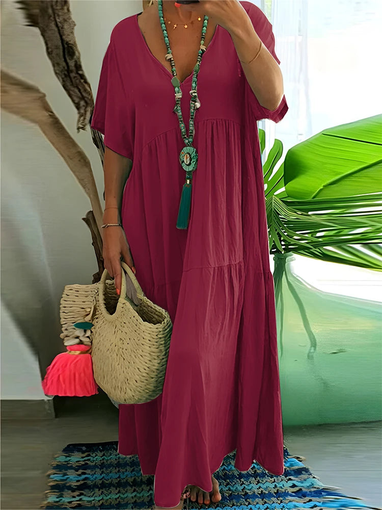 plus Size Women's Casual Loose V-Neck Solid Long Dress Spring Summer Pleated Big Size Women's Dress