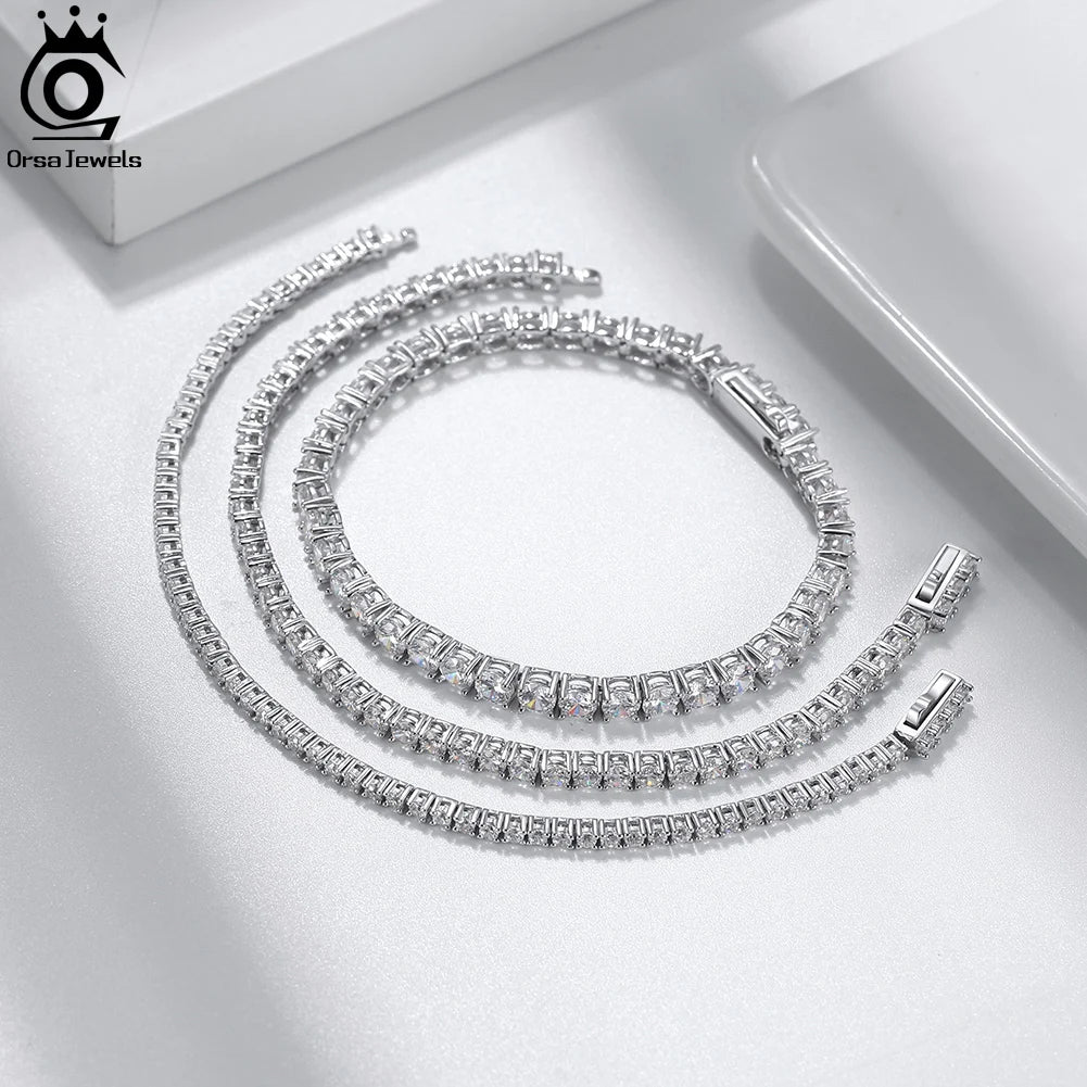 ORSA JEWELS Authentic 925 Sterling Silver Tennis Chain Bracelet Moulding Process Hanmade High-end Hand Chain for Man Woman SB128