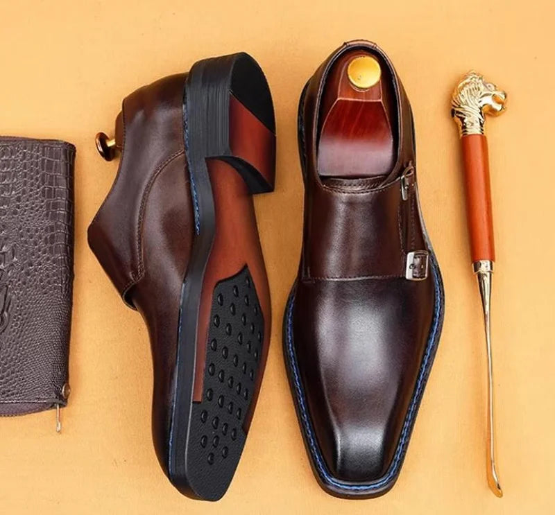 Hochwertige Herrenschuhe aus Rindsleder, eckige Zehenpartie, Doppel-Monk-Strap, Herren-Businessschuhe zum Hineinschlüpfen